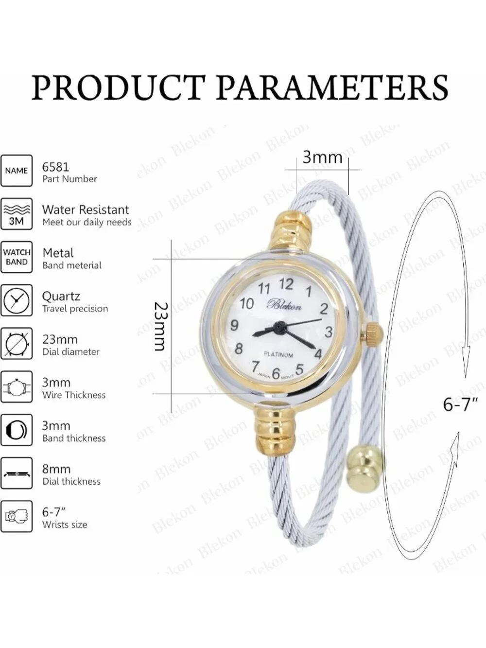 Womens Gold White Analog Quartz Elegant Cable Cuff Arabic Numbers Bracelet Watch